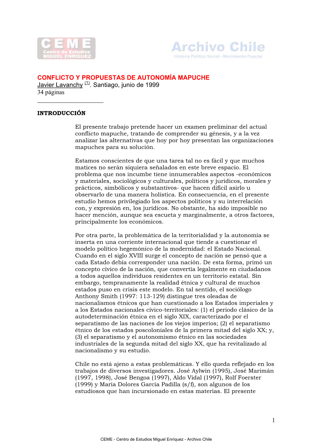 Conflicto Y Propuestas De Autonomia Mapuche. Javier Lavanchy