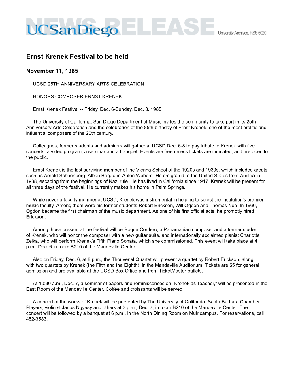 Ernst Krenek Festival to Be Held