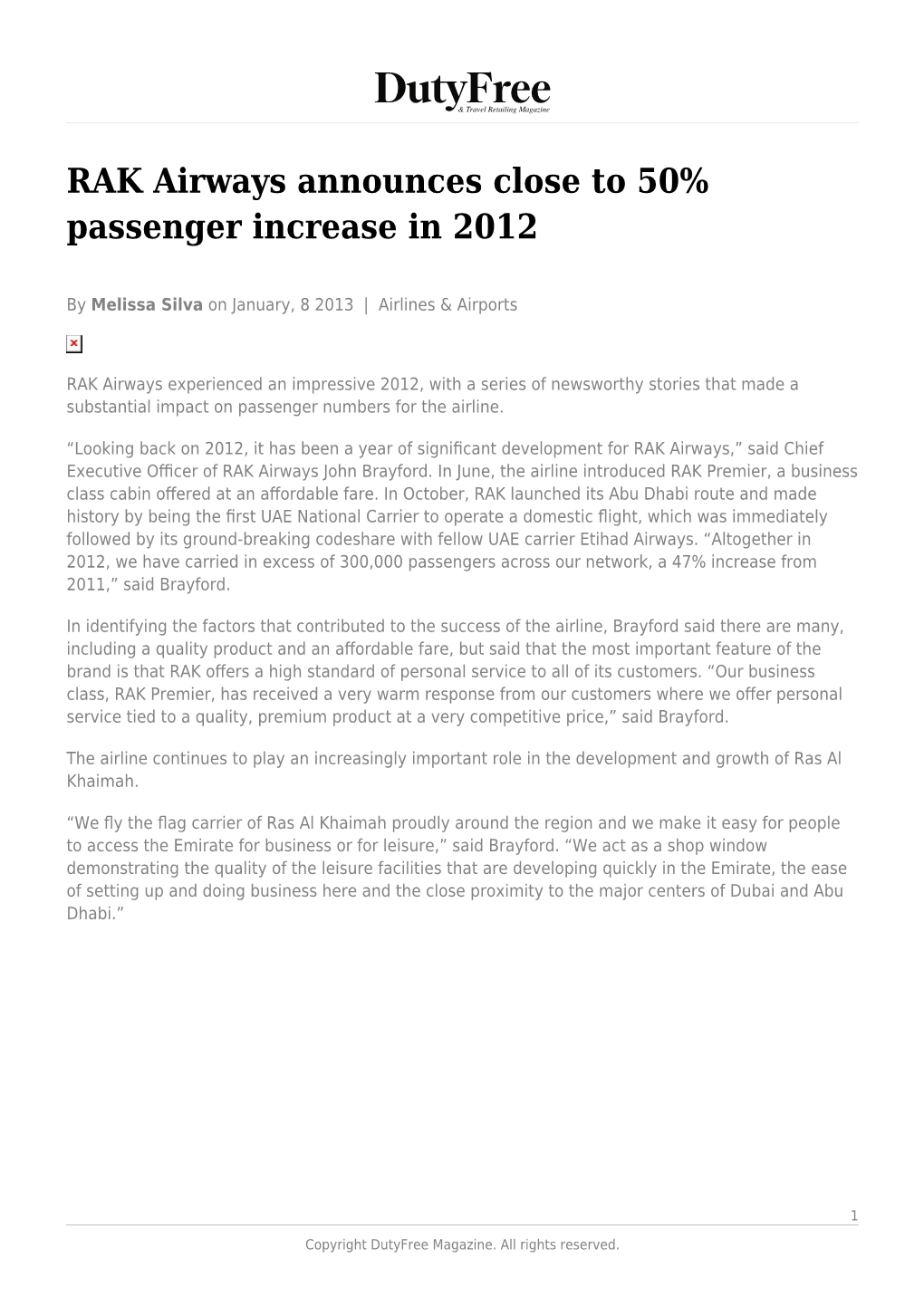 RAK Airways Announces Close to 50% Passenger Increase in 2012