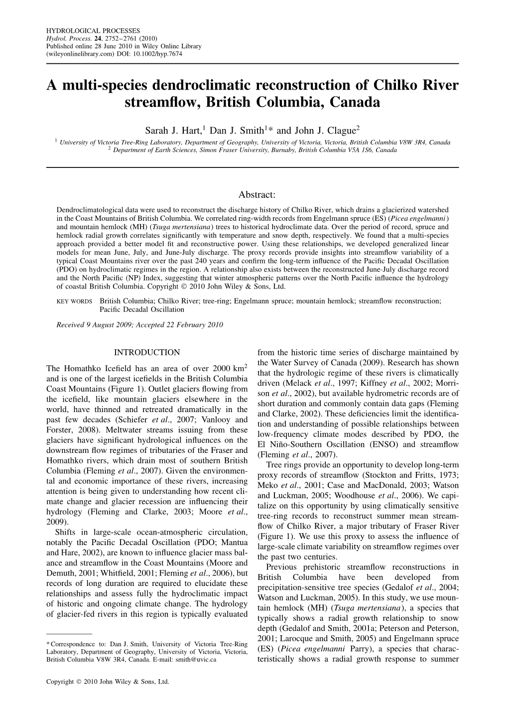 A Multispecies Dendroclimatic Reconstruction of Chilko River