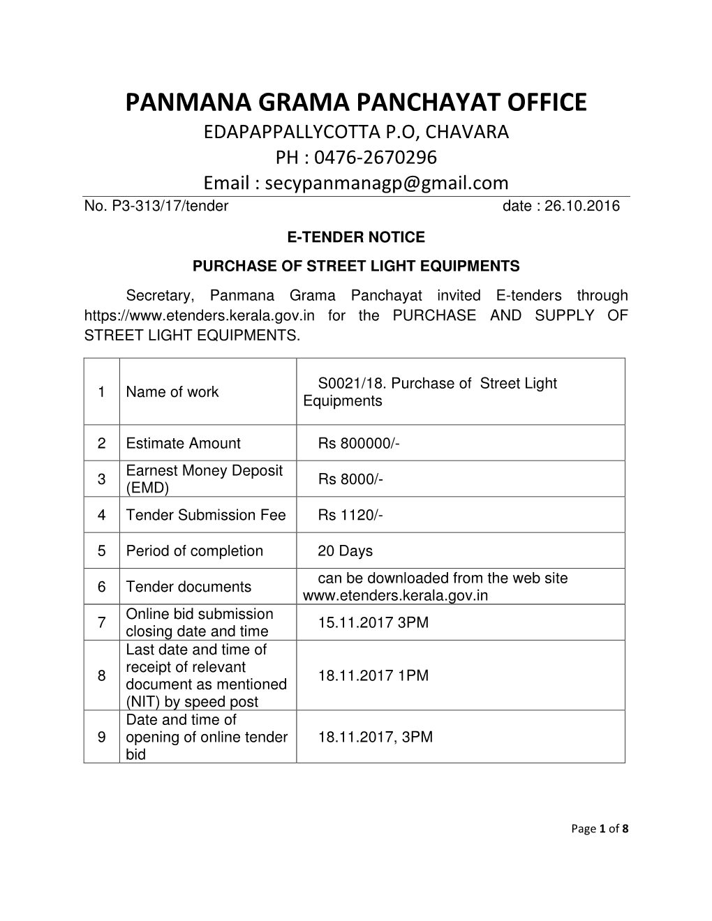 PANMANA GRAMA PANCHAYAT OFFICE EDAPAPPALLYCOTTA P.O, CHAVARA PH : 0476-2670296 Email : Secypanmanagp@Gmail.Com No