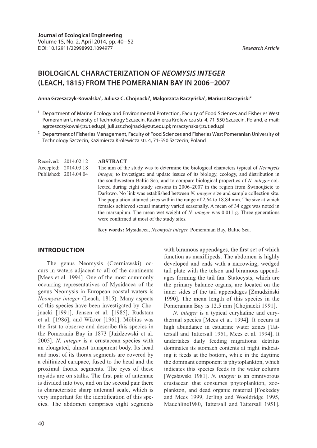 Biological Characterization of Neomysis Integer (Leach, 1815) from the Pomeranian Bay in 2006–2007