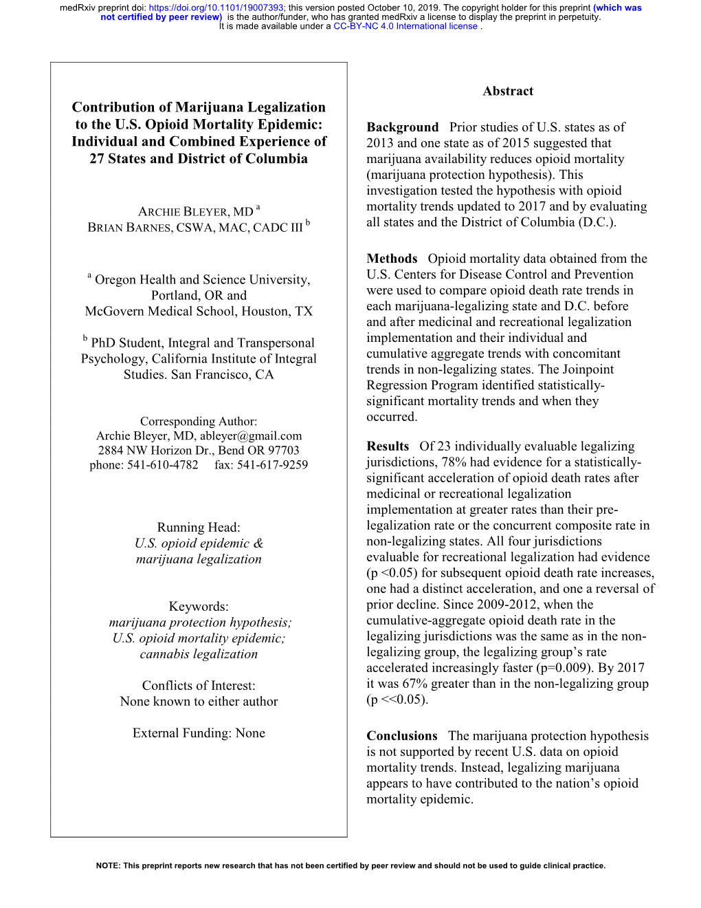 Contribution of Marijuana Legalization to the US Opioid Mortality Epidemic