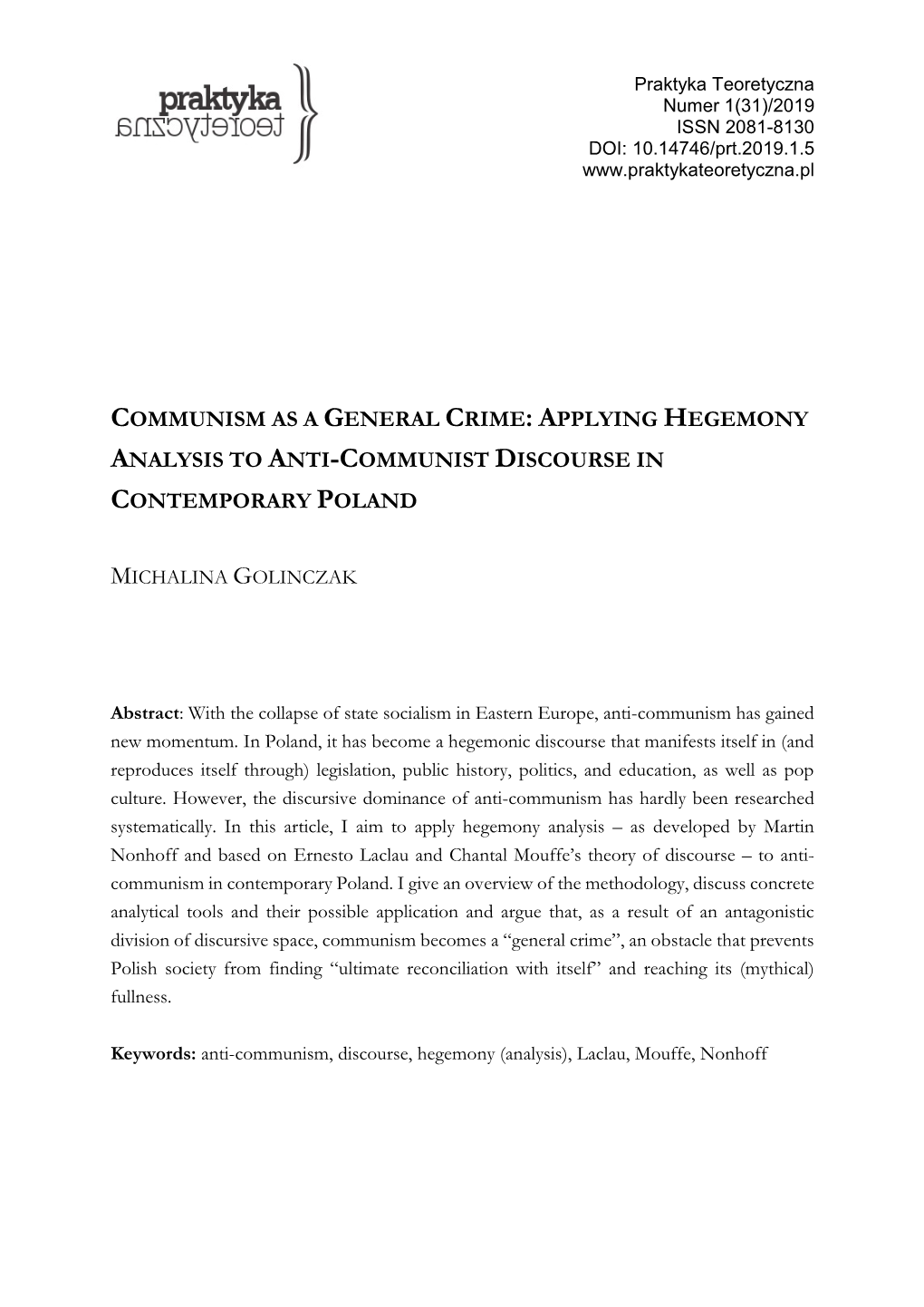 Communism As a General Crime: Applying Hegemony Analysis to Anti-Communist Discourse in Contemporary Poland