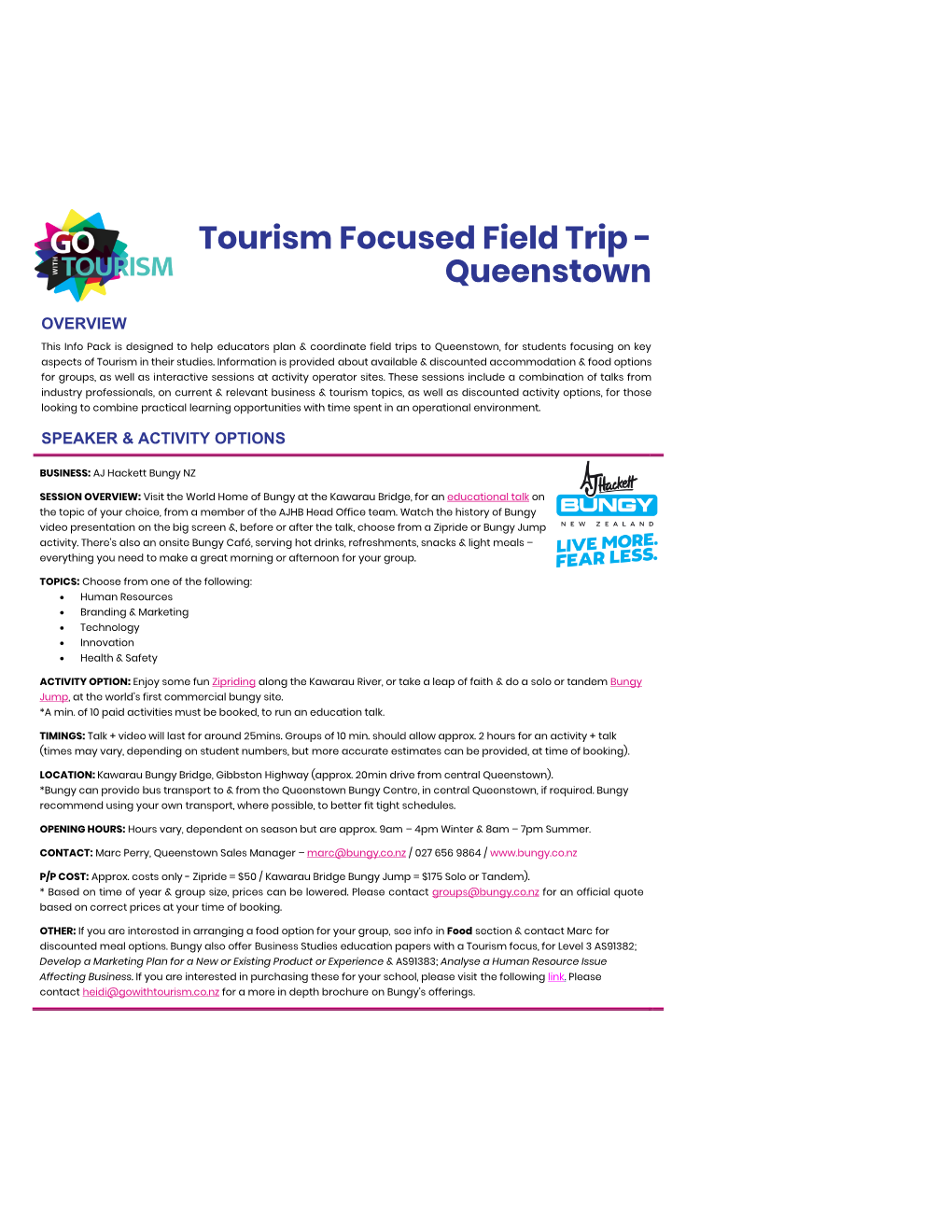 Tourism Focused Field Trip - Queenstown