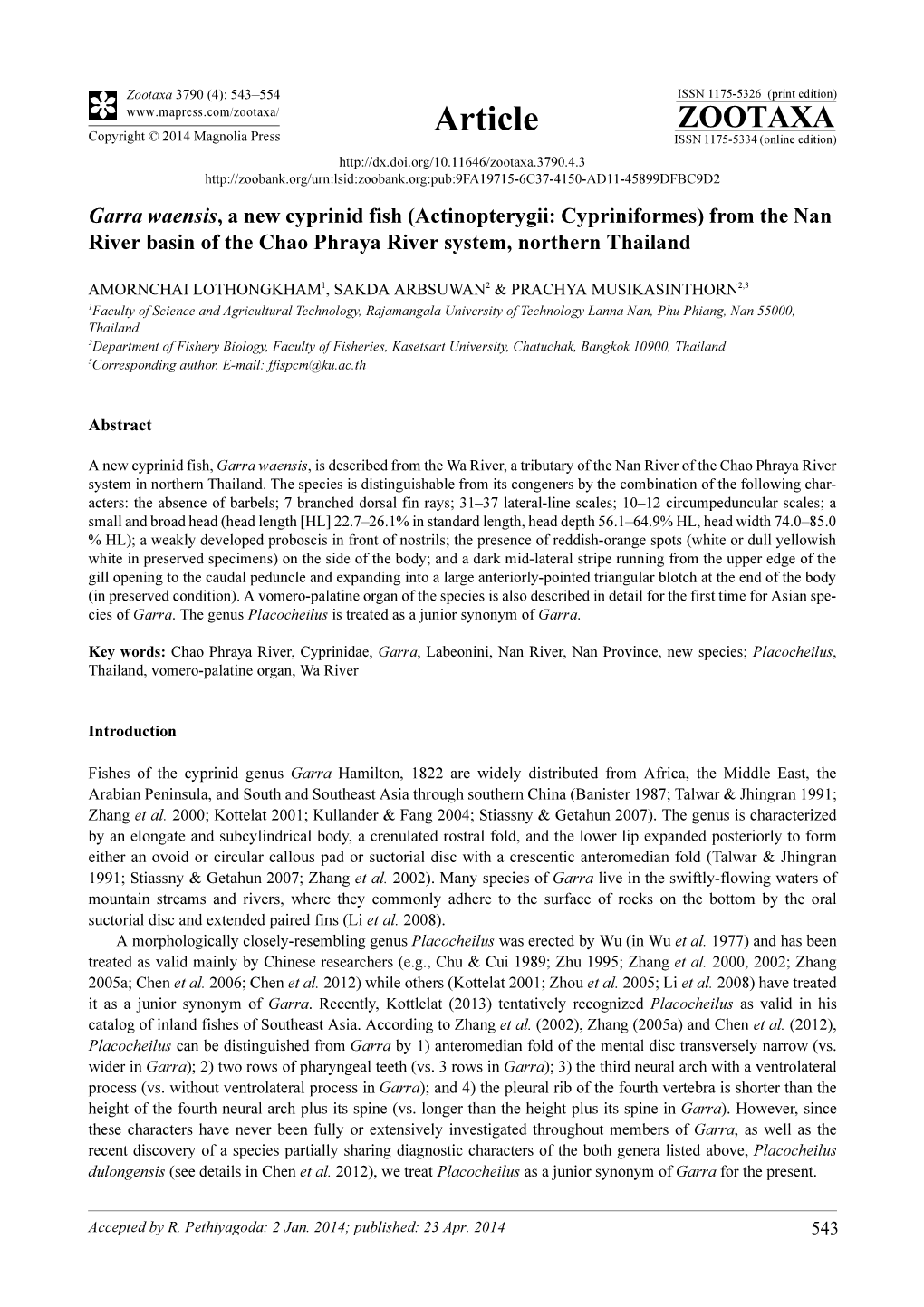 Garra Waensis, a New Cyprinid Fish (Actinopterygii: Cypriniformes) from the Nan River Basin of the Chao Phraya River System, Northern Thailand