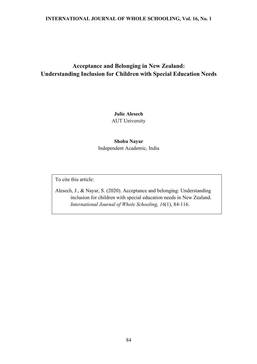 Acceptance and Belonging in New Zealand: Understanding Inclusion for Children with Special Education Needs