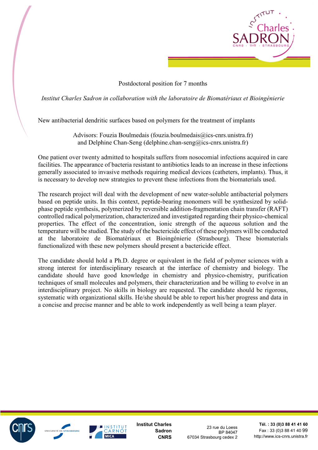 Postdoctoral Position for 7 Months Institut Charles Sadron In