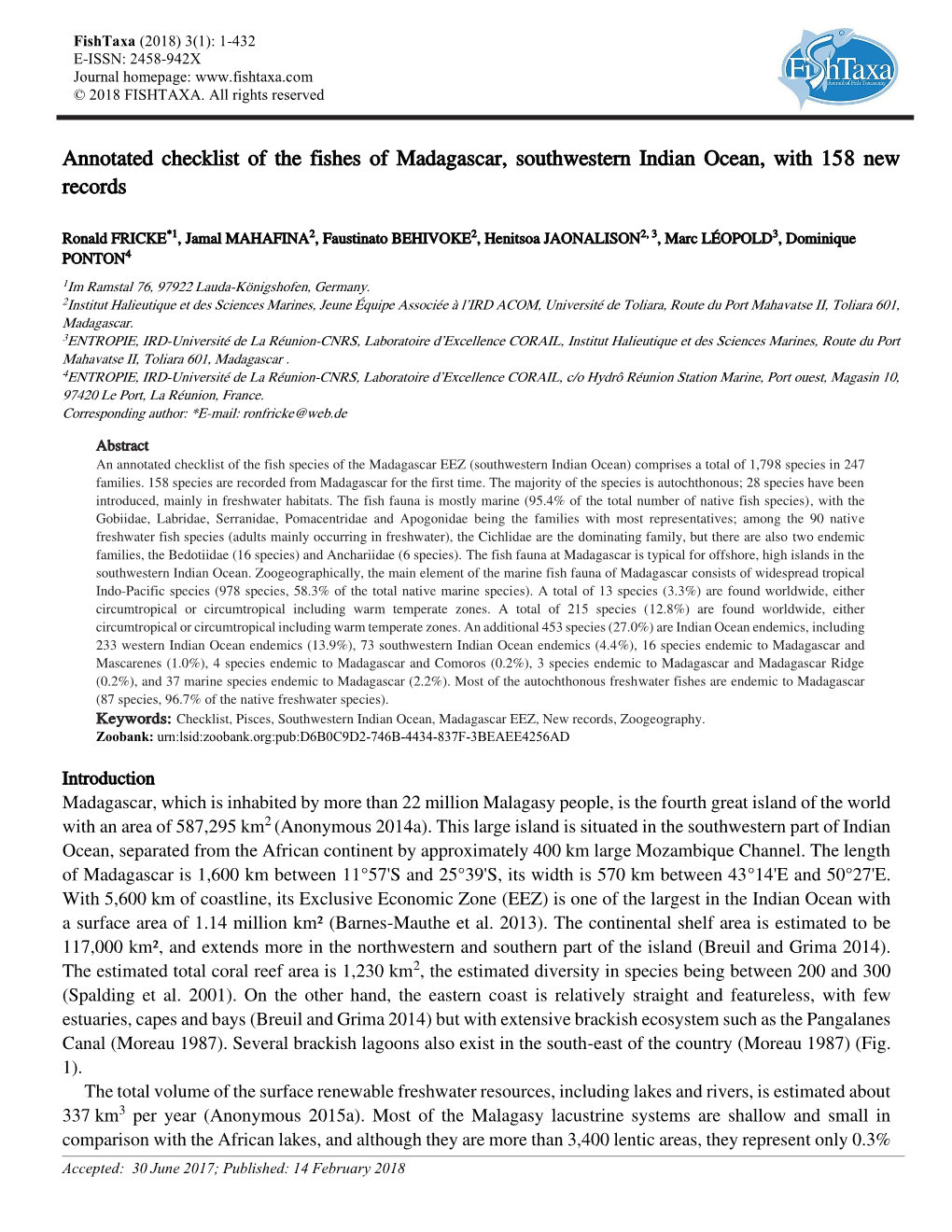 Annotated Checklist of the Fishes of Madagascar, Southwestern Indian Ocean, with 158 New Records