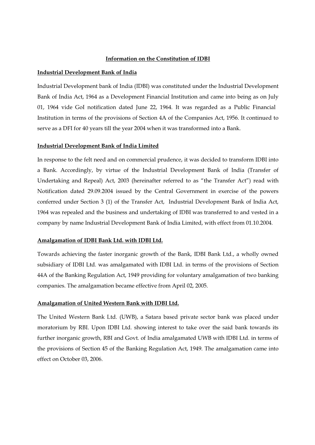 Information on the Constitution of IDBI Industrial Development Bank Of