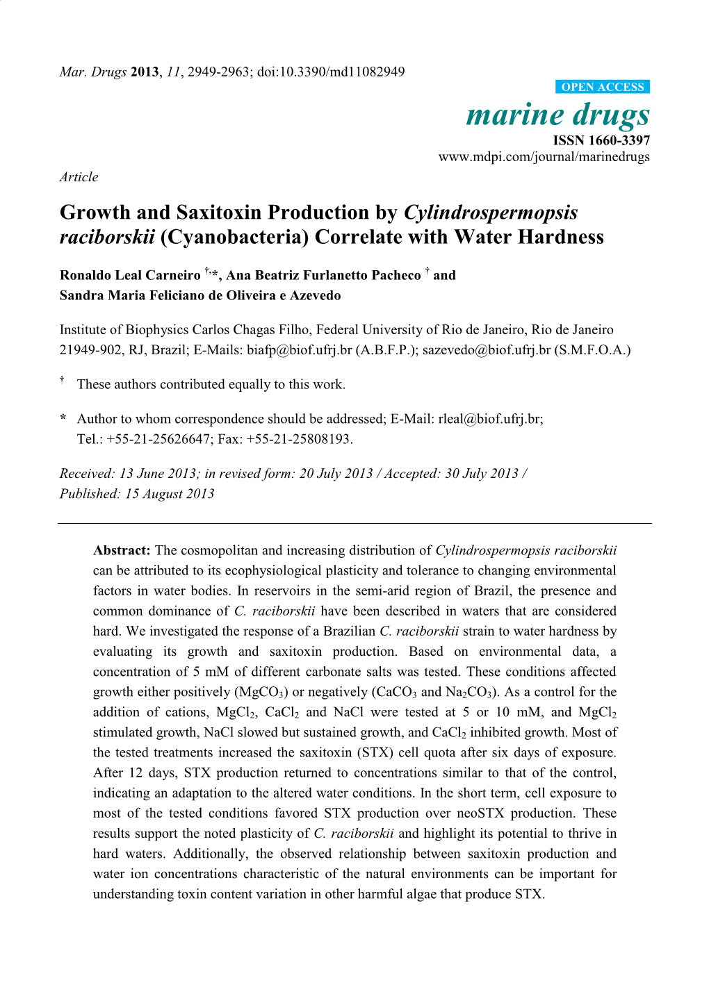 Growth and Saxitoxin Production by Cylindrospermopsis Raciborskii (Cyanobacteria) Correlate with Water Hardness