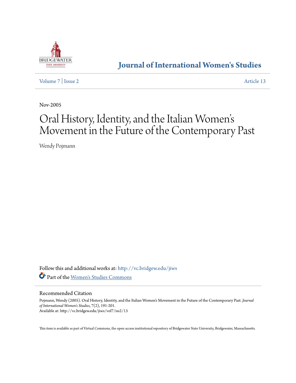 Oral History, Identity, and the Italian Women's Movement in the Future Of