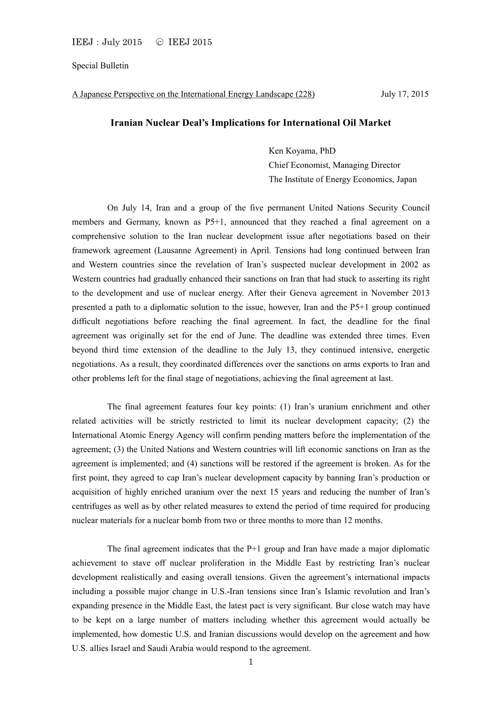 Iranian Nuclear Deal's Implications for International Oil Market