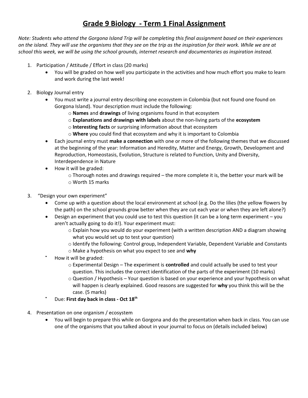 Grade 9 Biology - Term 1 Final Assignment