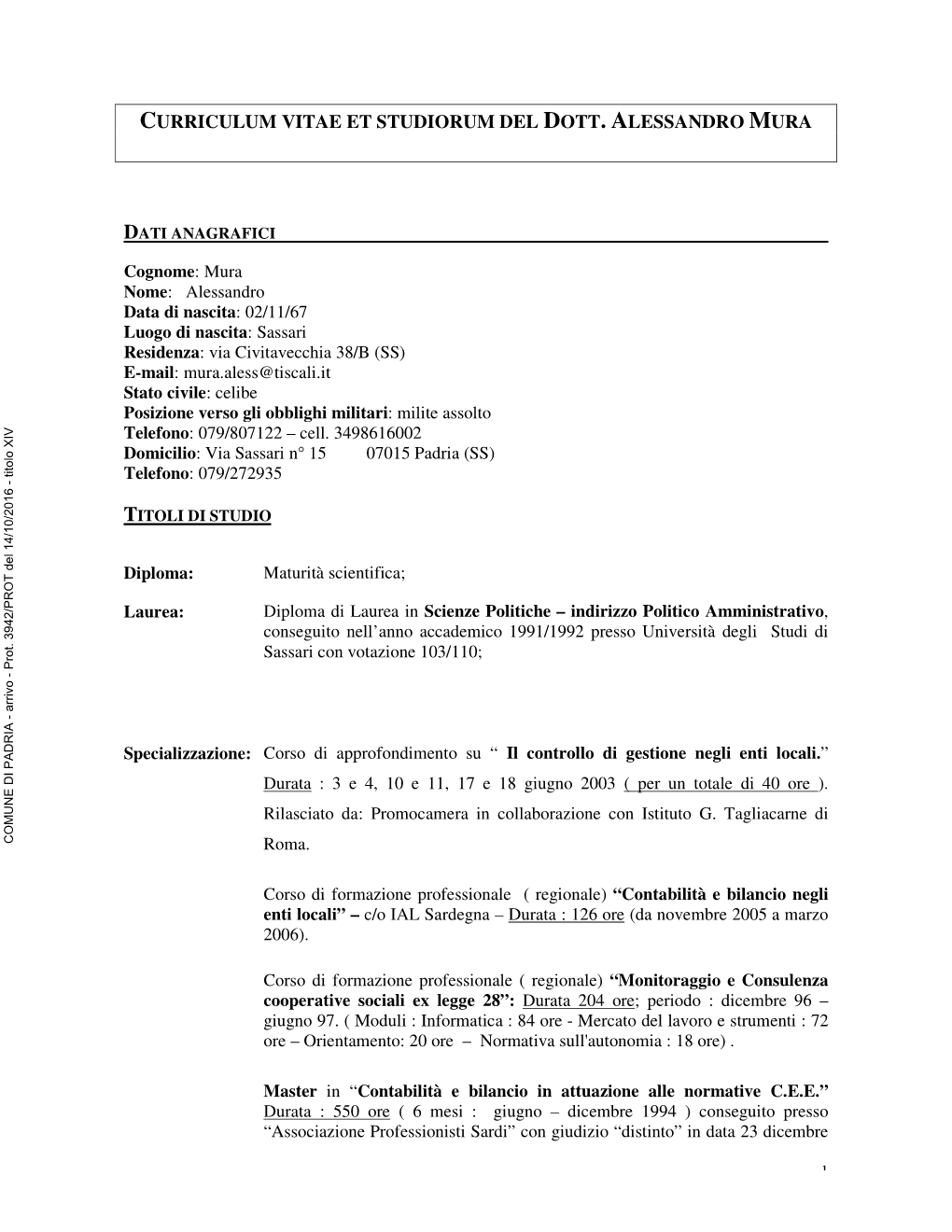 Curriculum Vitae Et Studiorum Del Dott