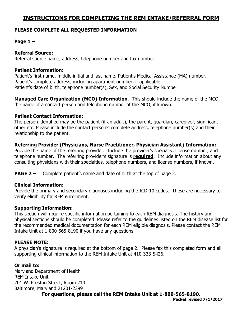 Instructions for Completing the Rem Intake/Referral Form