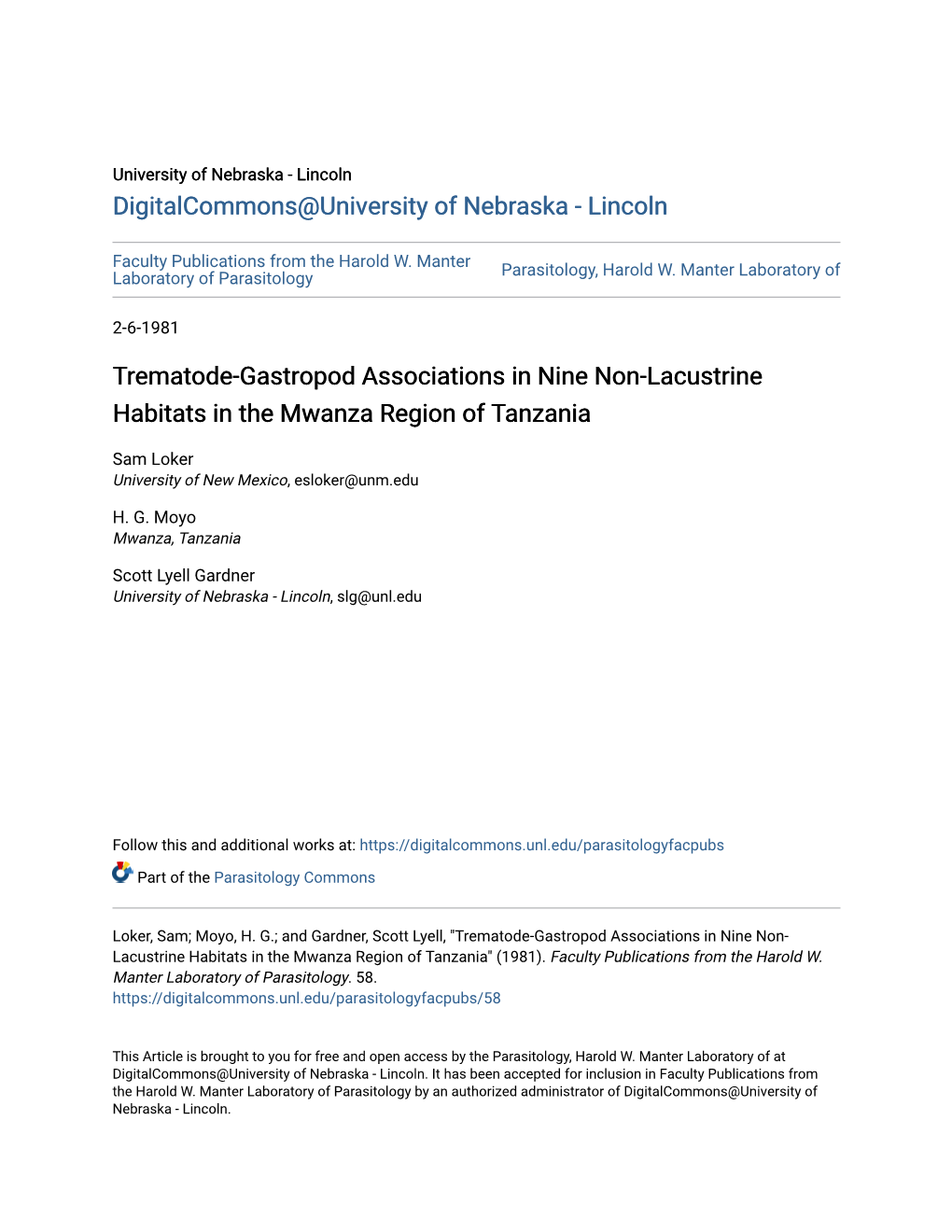 Trematode-Gastropod Associations in Nine Non-Lacustrine Habitats in the Mwanza Region of Tanzania