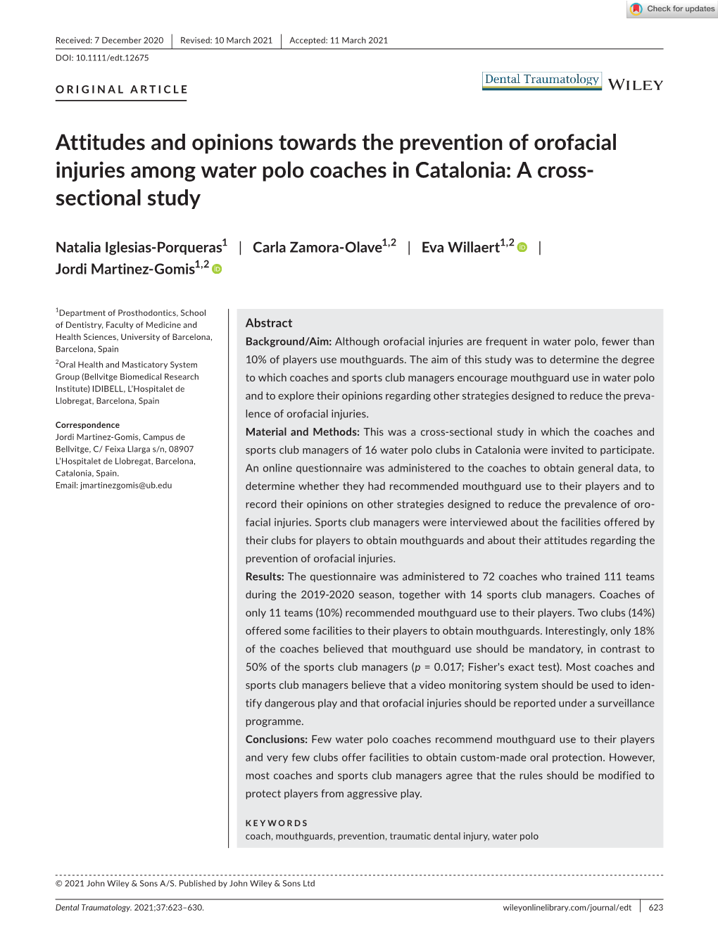 Attitudes and Opinions Towards the Prevention of Orofacial Injuries Among Water Polo Coaches in Catalonia: a Cross-­ Sectional Study