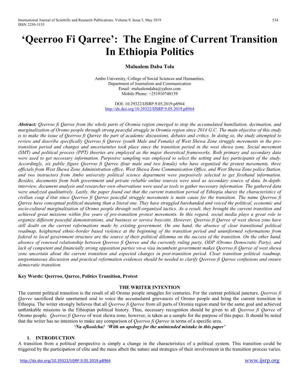 Qeerroo Fi Qarree’: the Engine of Current Transition in Ethiopia Politics