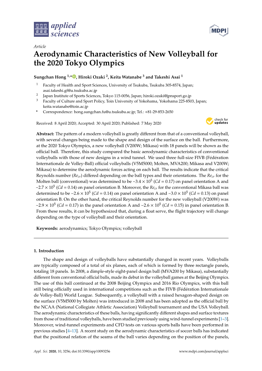 Aerodynamic Characteristics of New Volleyball for the 2020 Tokyo Olympics