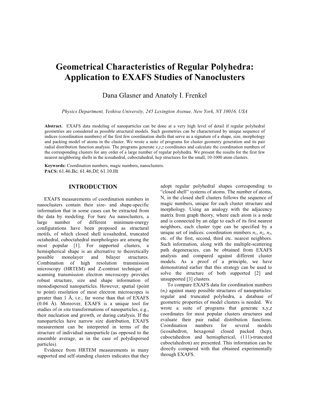 Geometrical Characteristics of Regular Polyhedra: Application to EXAFS Studies of Nanoclusters