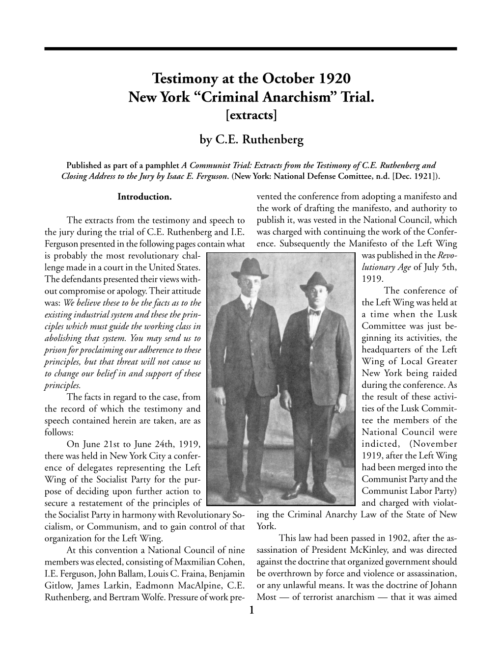 Testimony at the October 1920 New York “Criminal Anarchism” Trial. [Extracts] by C.E