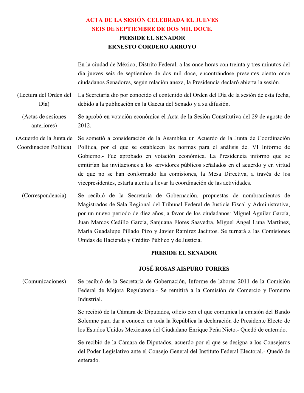 Acta De La Sesión Celebrada El Jueves Seis De Septiembre De Dos Mil Doce