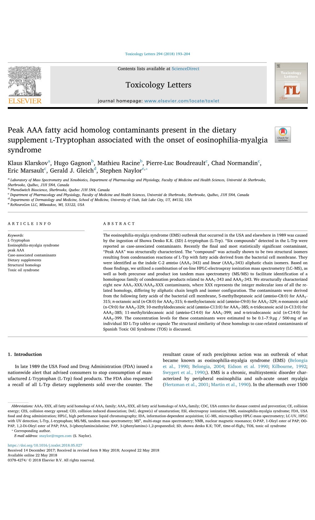 Stephen Naylor's 2018 Article on EMS Contaminants