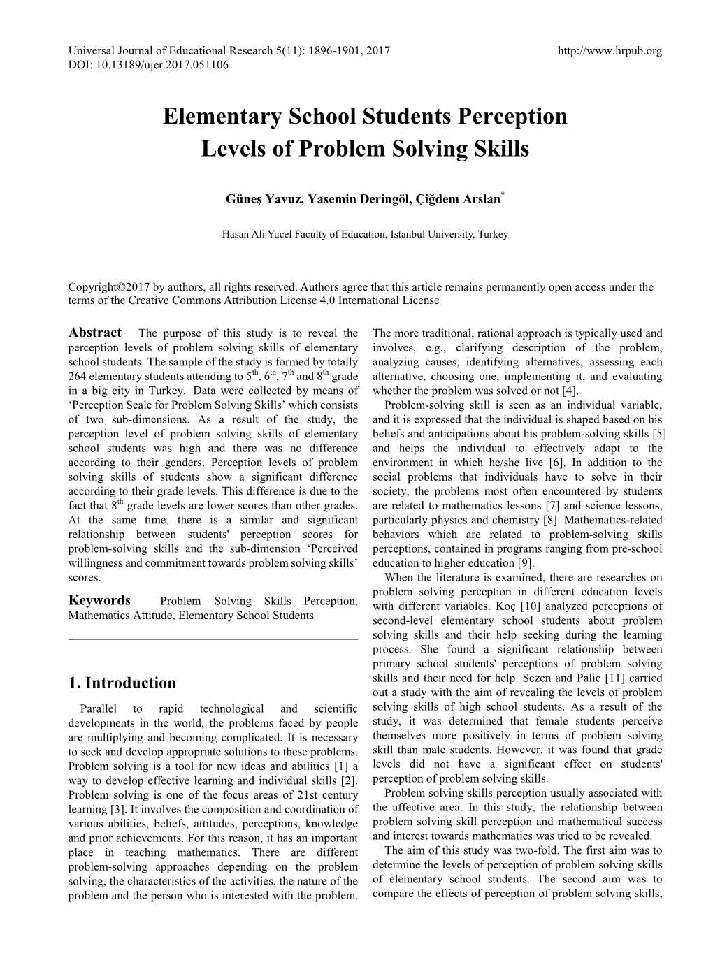 Elementary School Students Perception Levels of Problem Solving Skills