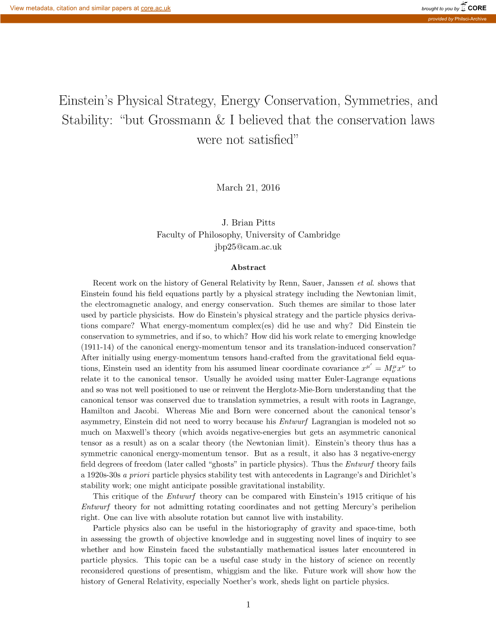 Einstein's Physical Strategy, Energy Conservation, Symmetries