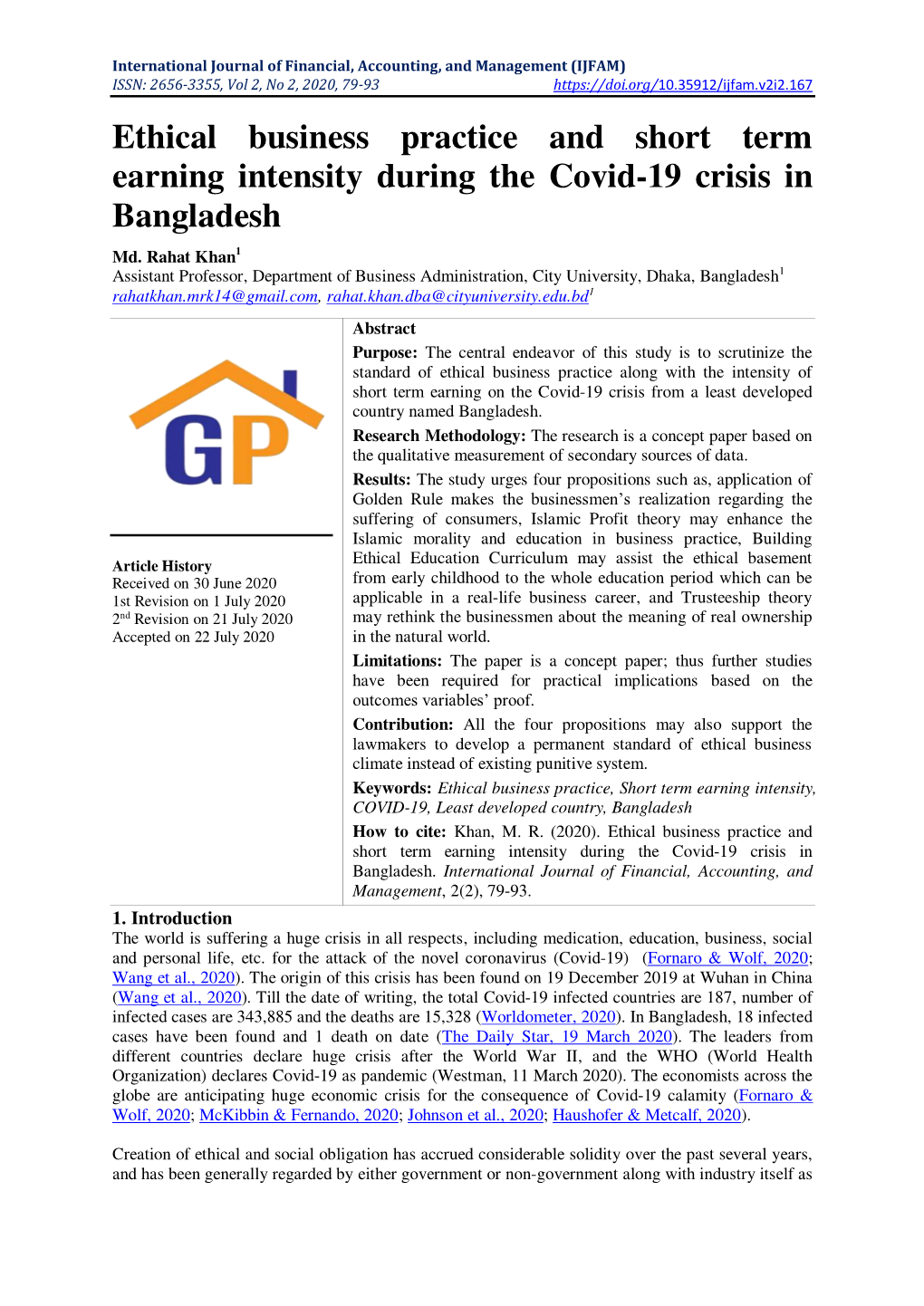 Ethical Business Practice and Short Term Earning Intensity During the Covid-19 Crisis in Bangladesh Md