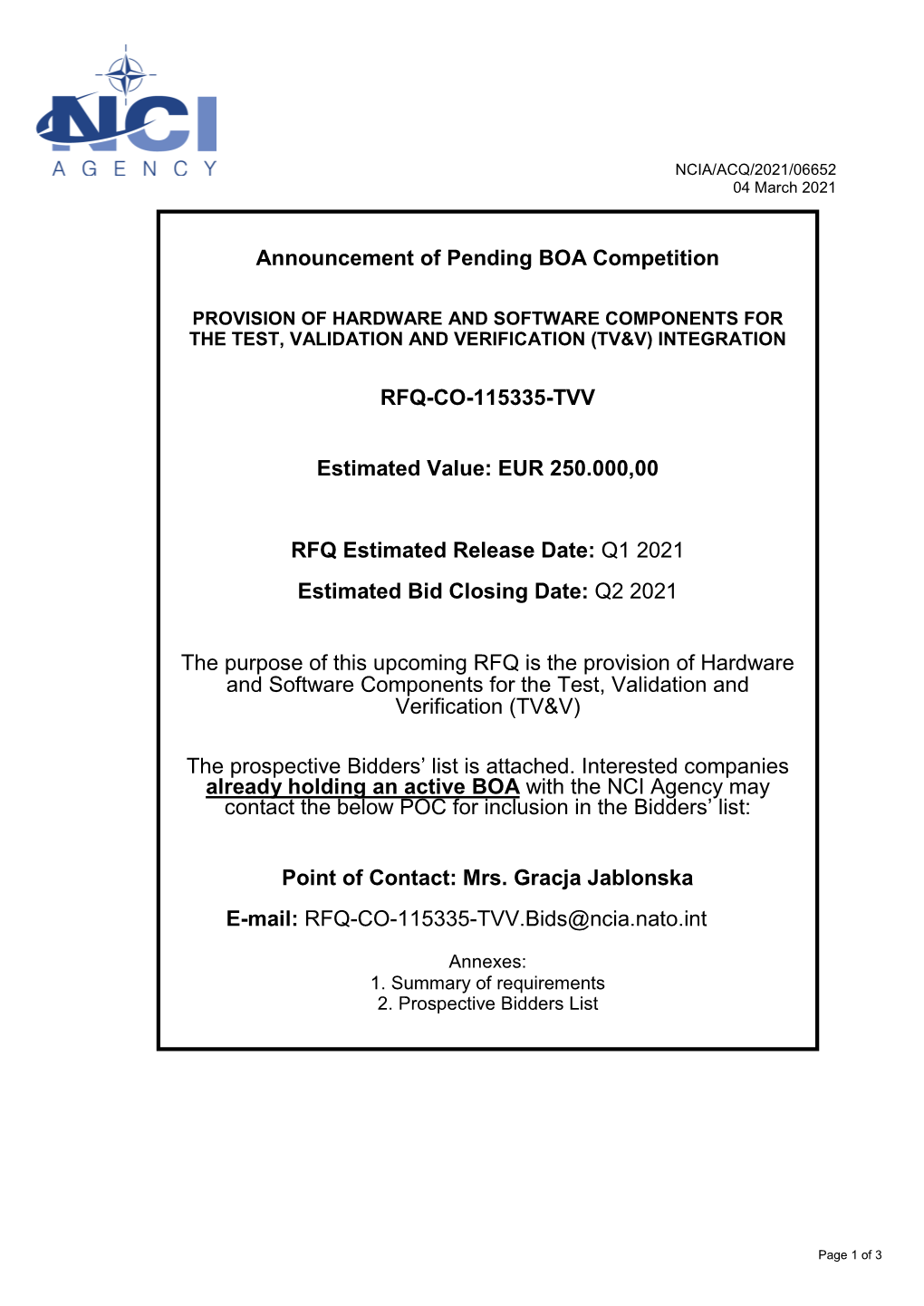 Announcement of Pending BOA Competition RFQ-CO-115335-TVV