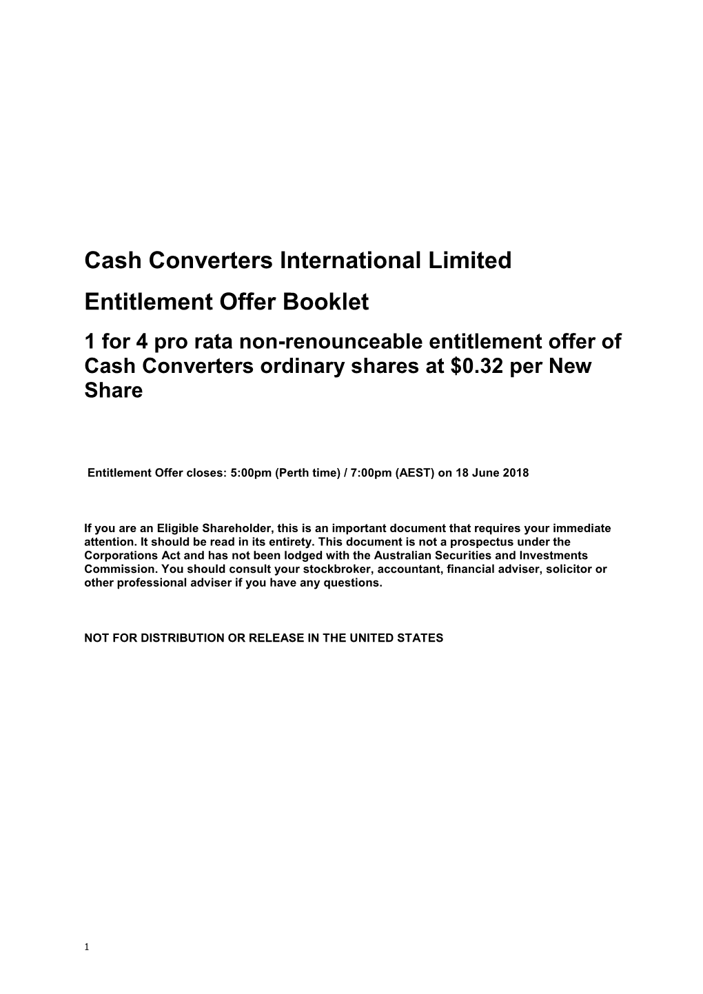 Cash Converters International Limited Entitlement Offer Booklet
