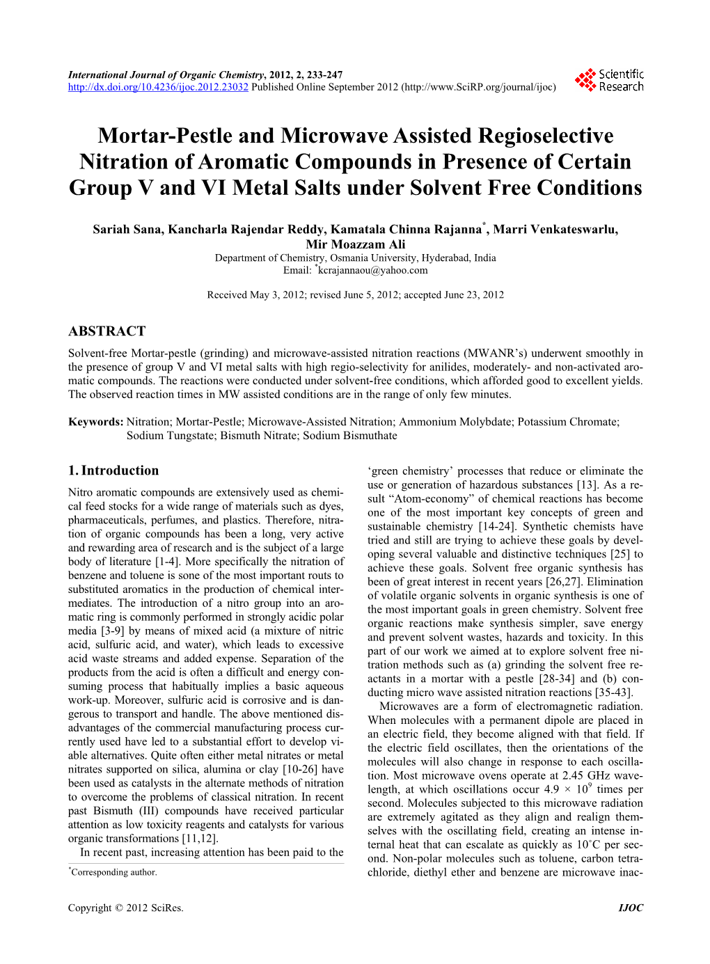 Mortar-Pestle and Microwave Assisted Regioselective Nitration of Aromatic Compounds in Presence of Certain Group V and VI Metal Salts Under Solvent Free Conditions