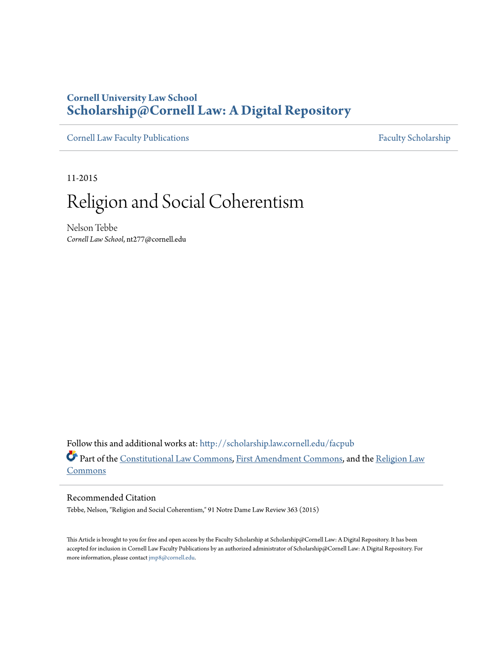 Religion and Social Coherentism Nelson Tebbe Cornell Law School, Nt277@Cornell.Edu