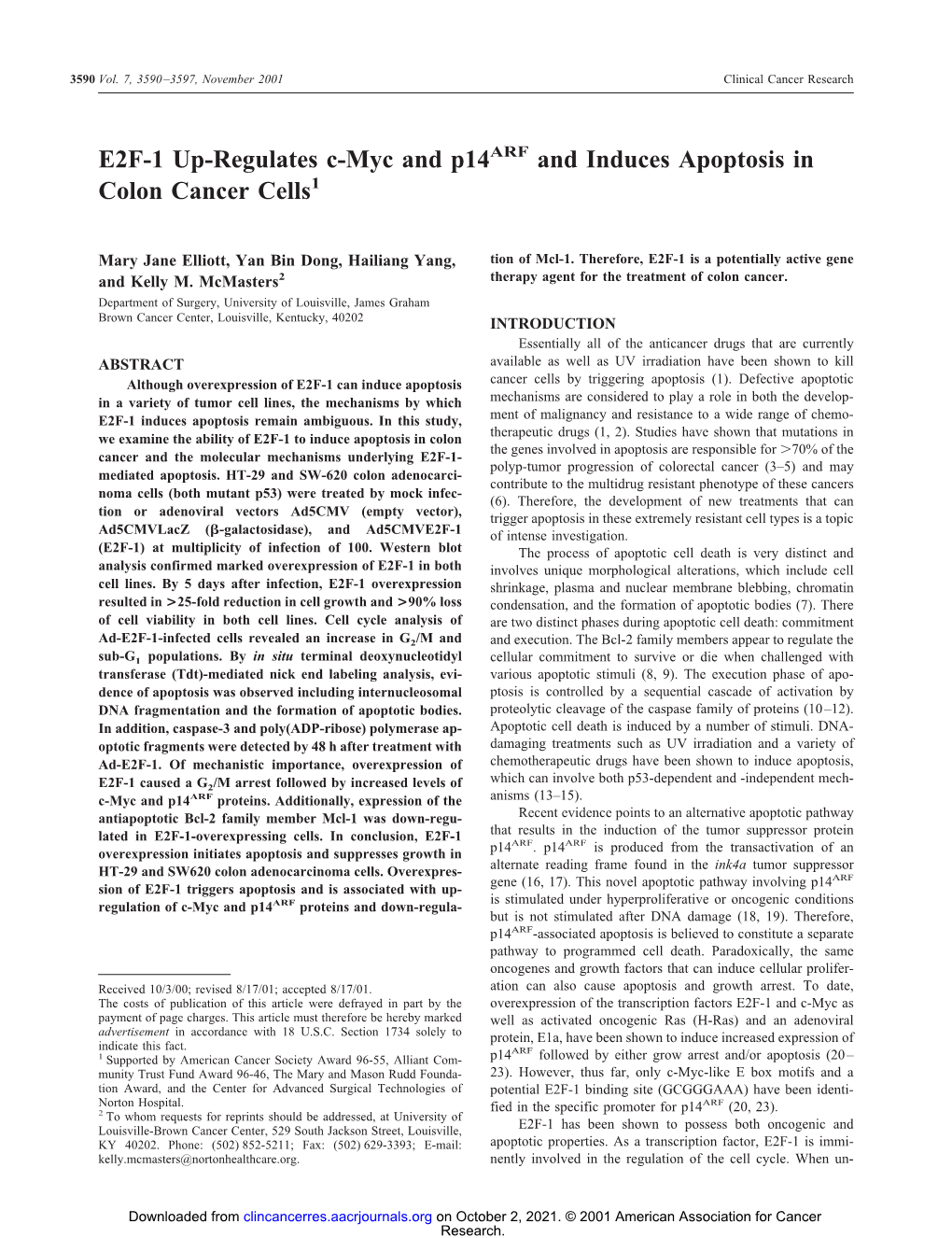 E2F-1 Up-Regulates C-Myc and P14arf and Induces Apoptosis in Colon Cancer Cells1