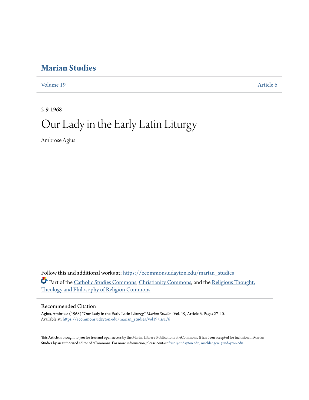 Our Lady in the Early Latin Liturgy Ambrose Agius