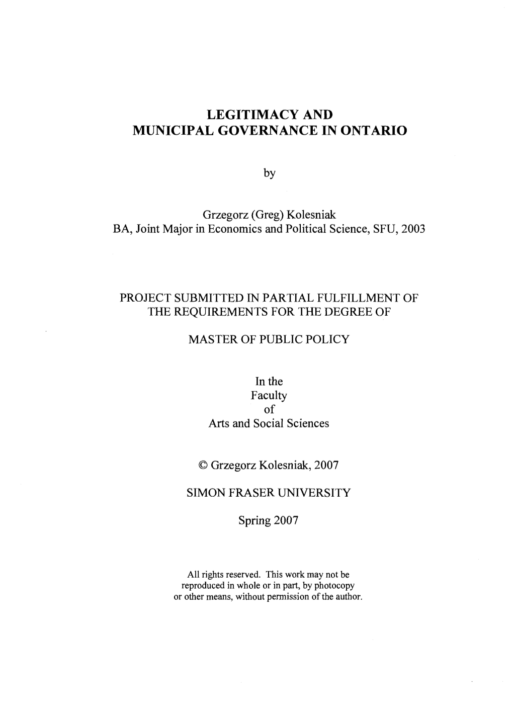 Legitimacy and Municipal Governance in Ontario