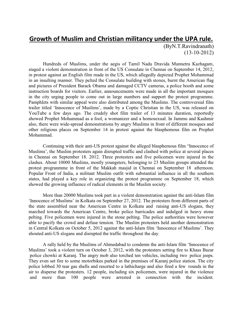 Growth of Muslim and Christian Militancy Under the UPA Rule. (Byn.T.Ravindranath) (13-10-2012)