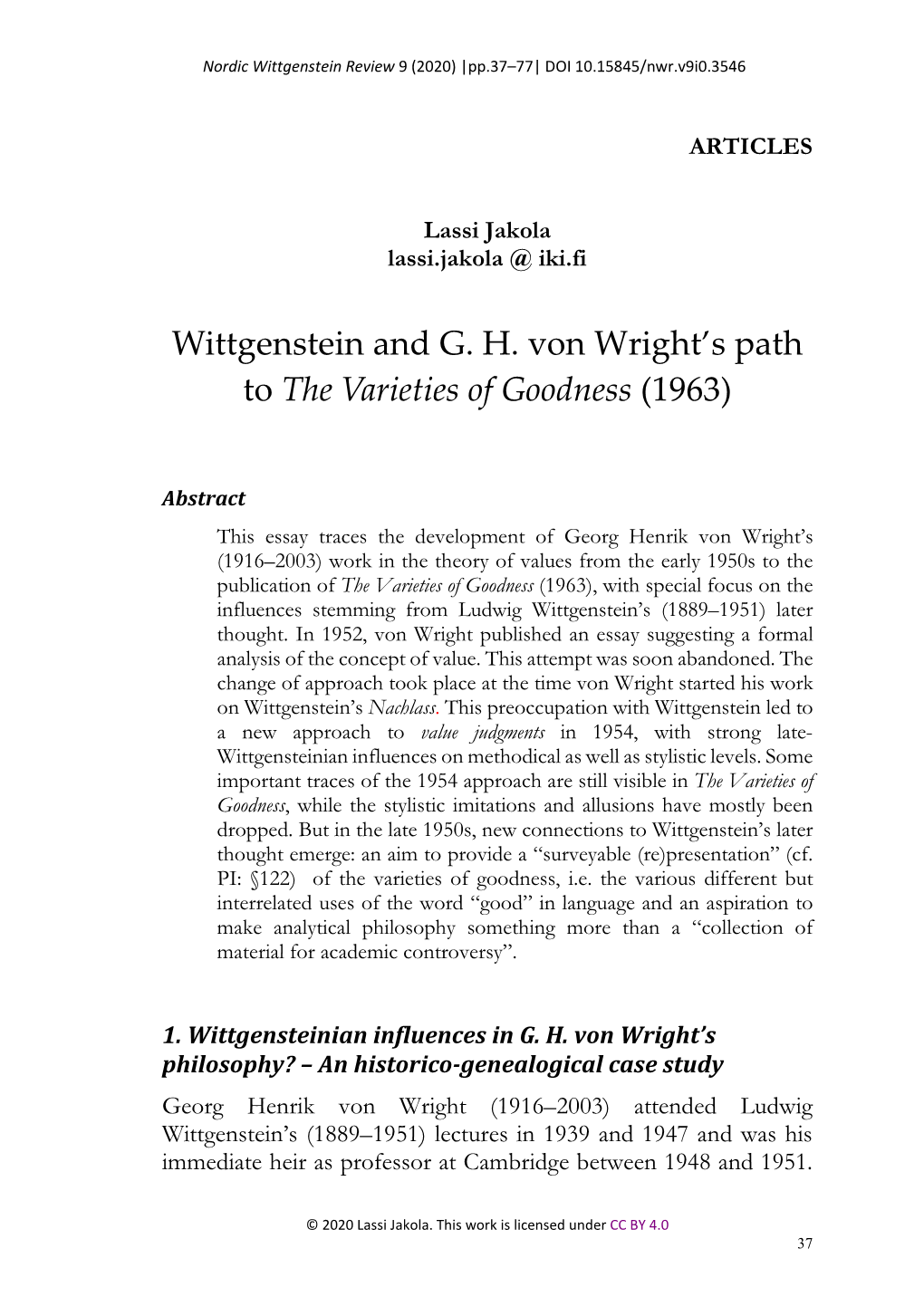 Wittgenstein and GH Von Wright's Path To