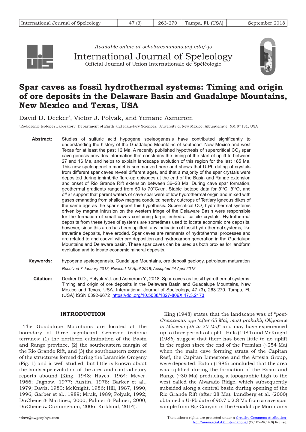 Spar Caves As Fossil Hydrothermal Systems: Timing and Origin of Ore Deposits in the Delaware Basin and Guadalupe Mountains, New Mexico and Texas, USA David D