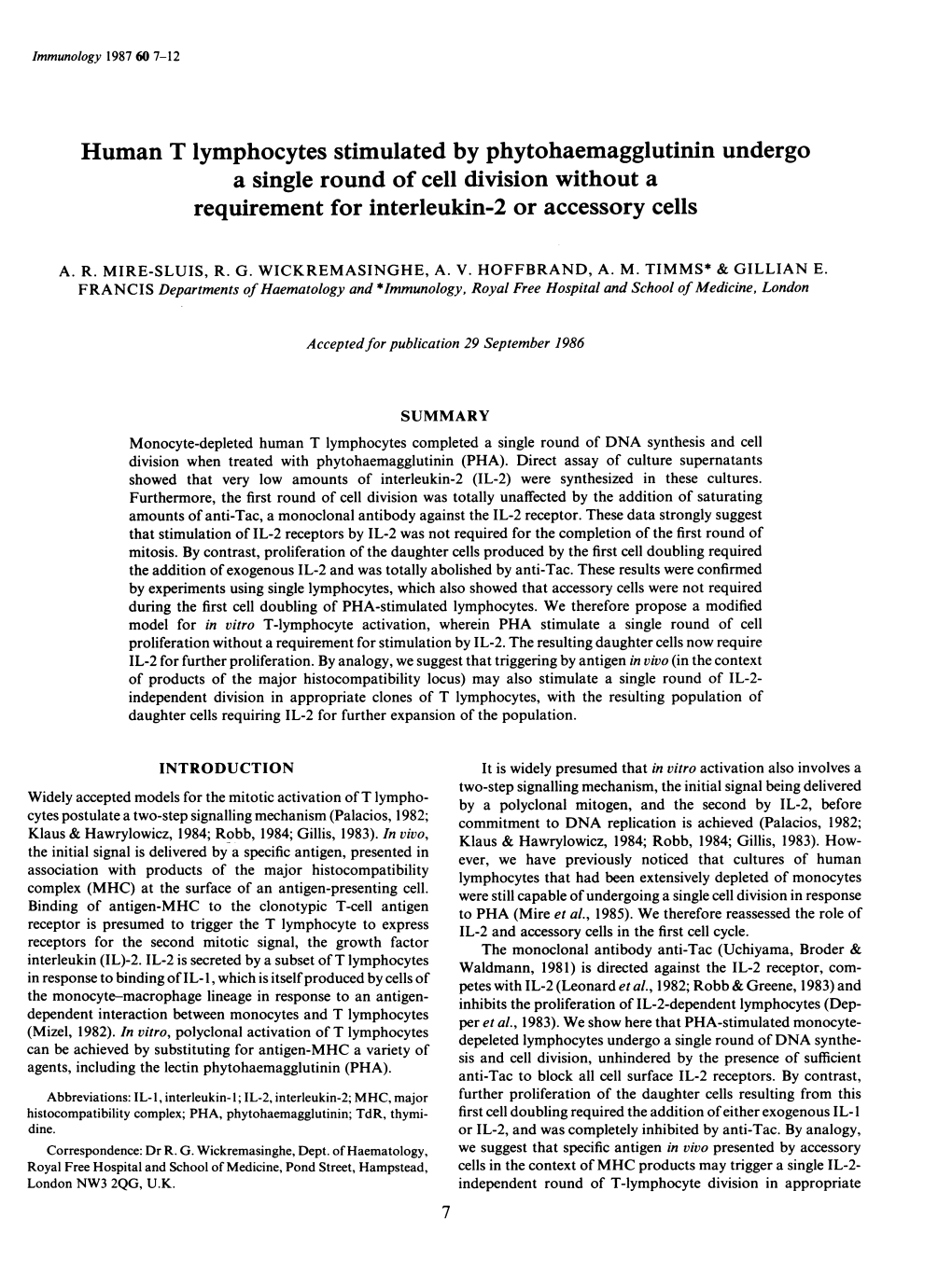 Human T Lymphocytes Stimulated by Phytohaemagglutinin Undergo a Single Round of Cell Division Without a Requirement for Interleukin-2 Or Accessory Cells