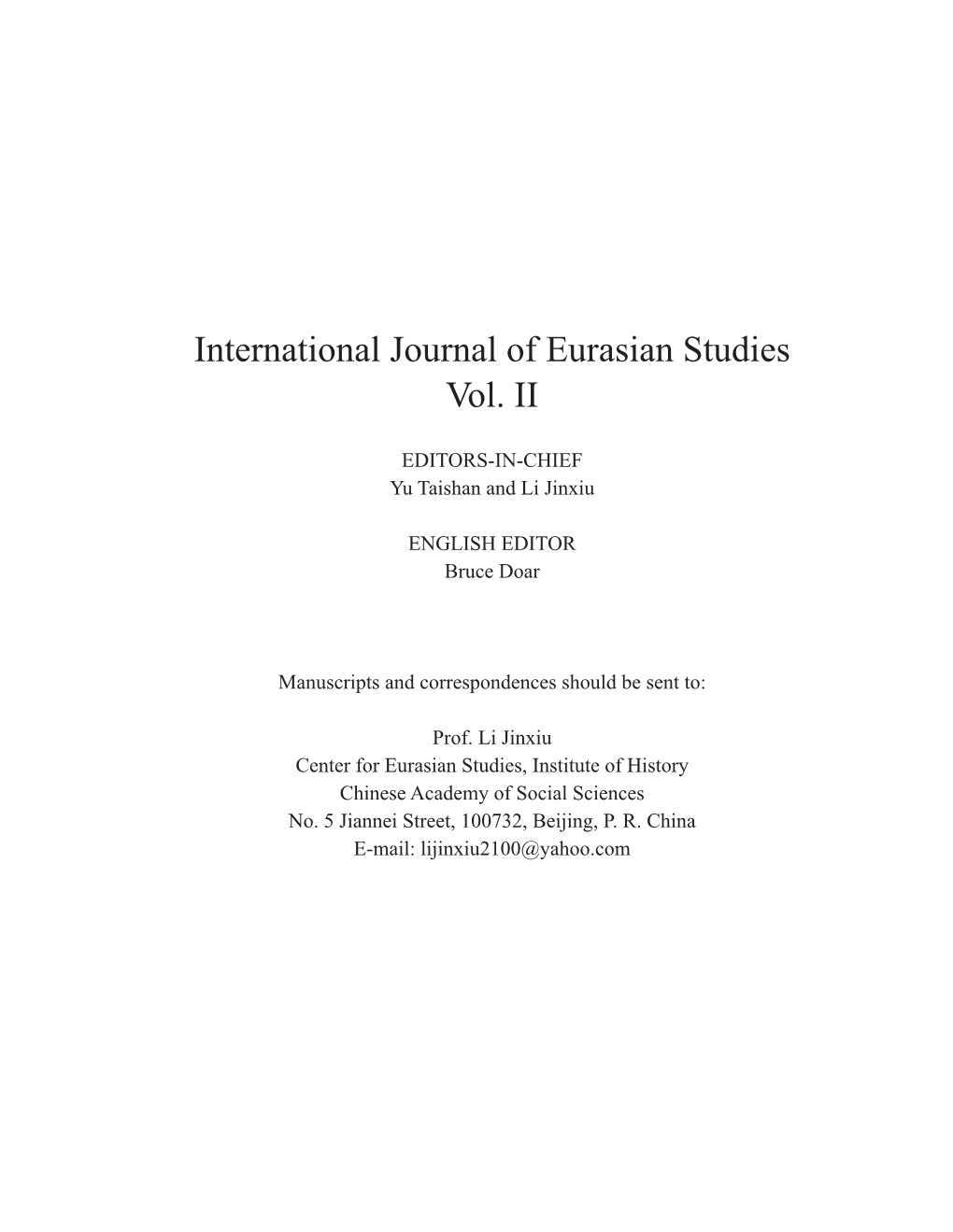 International Journal of Eurasian Studies Vol. II
