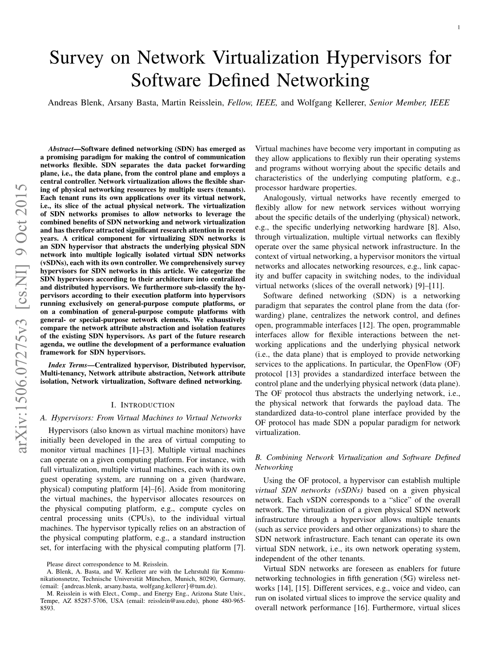 Survey on Network Virtualization Hypervisors for Software Defined Networking