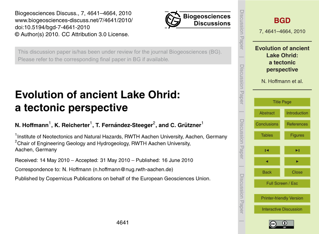 Evolution of Ancient Lake Ohrid: Title Page a Tectonic Perspective Abstract Introduction