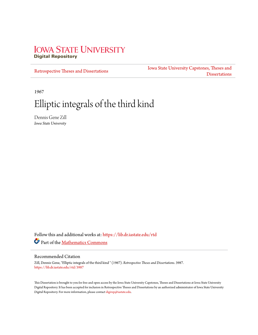 Elliptic Integrals of the Third Kind Dennis Gene Zill Iowa State University