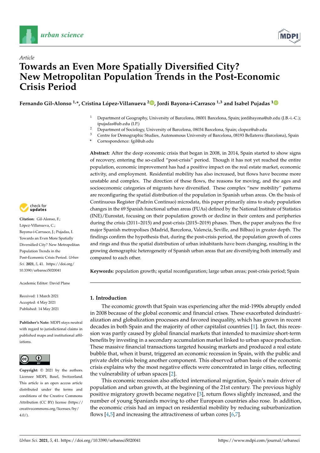 New Metropolitan Population Trends in the Post-Economic Crisis Period