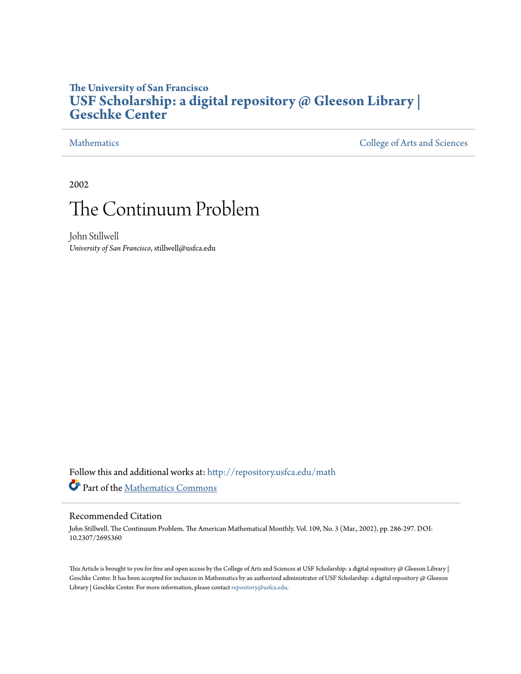 The Continuum Problem John Stillwell