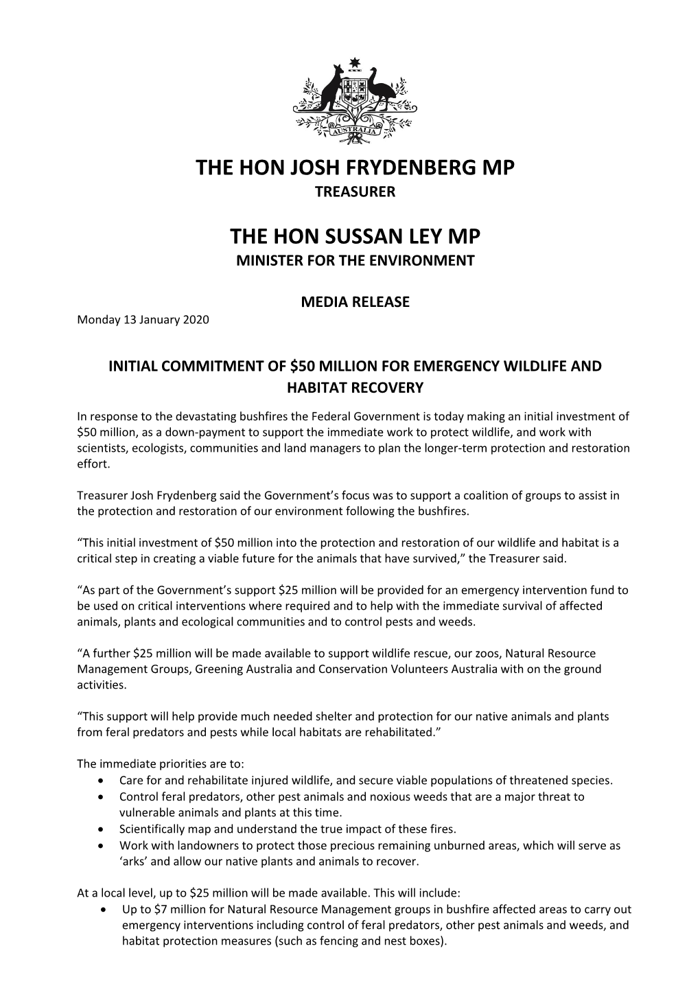 The Hon Josh Frydenberg Mp the Hon Sussan Ley Mp