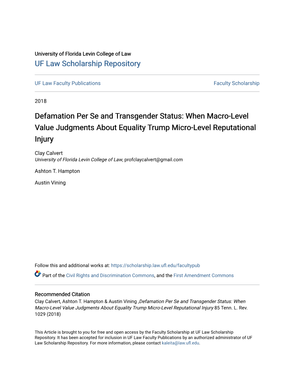 Defamation Per Se and Transgender Status: When Macro-Level Value Judgments About Equality Trump Micro-Level Reputational Injury